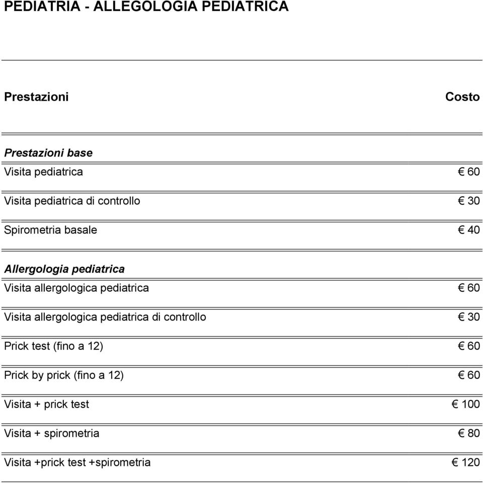 pediatrica Visita allergologica pediatrica di controllo 30 Prick test (fino a 12) Prick