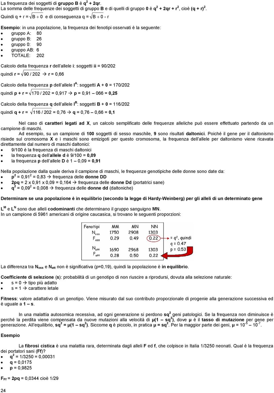 Calcolo della frequenza r dell allele i: soggetti ii = 90/202 quindi r = 90 / 202 r = 0,66 Calcolo della frequenza p dell allele I A : soggetti A + 0 = 170/202 quindi p + r = 170 / 202 = 0,917 p =