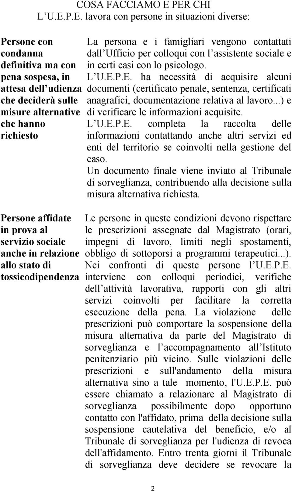 persona e i famigliari vengono contattati dall Ufficio per colloqui con l assistente sociale e in certi casi con lo psicologo. L U.E.