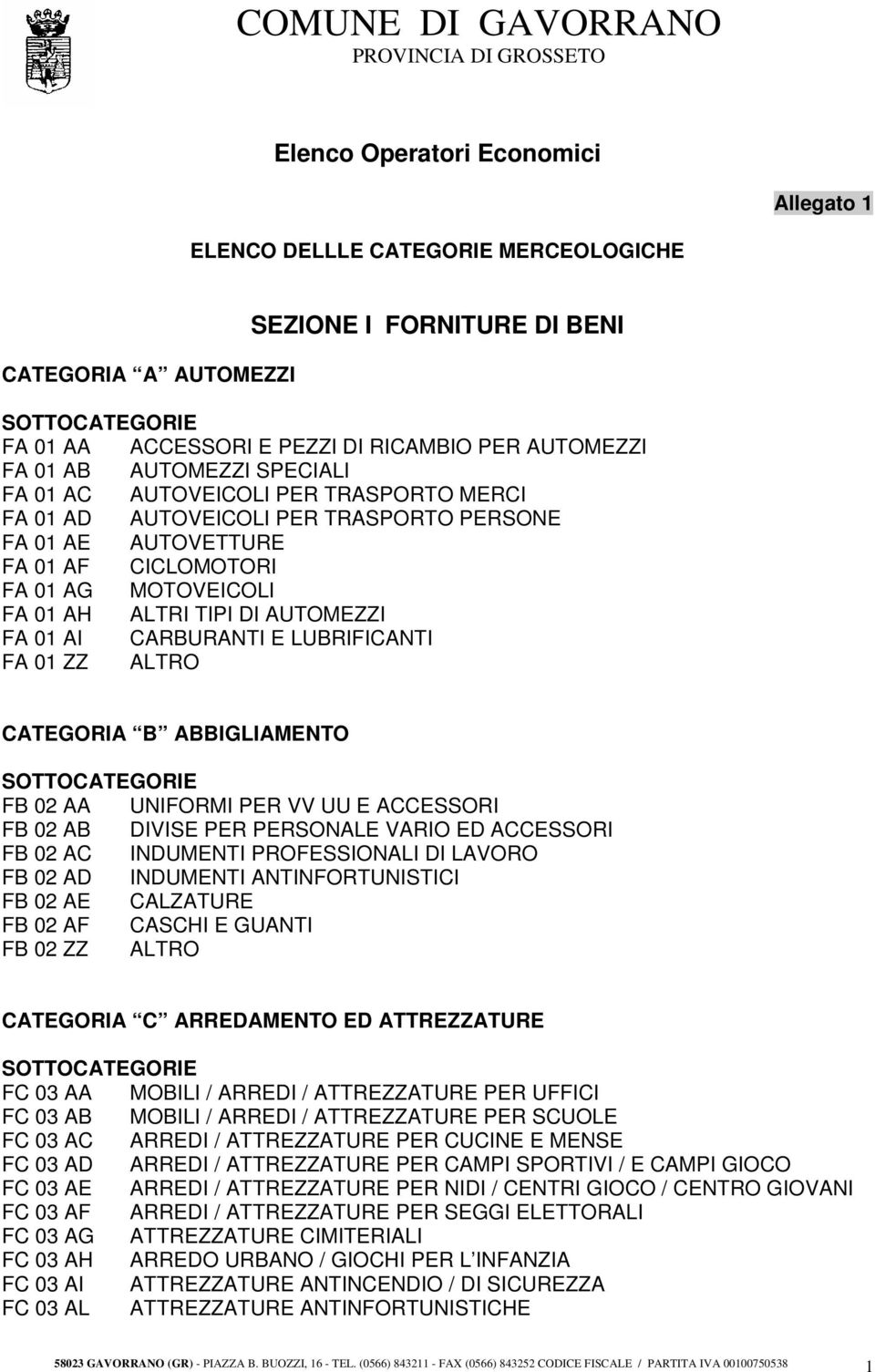 CARBURANTI E LUBRIFICANTI FA 01 ZZ ALTRO CATEGORIA B ABBIGLIAMENTO FB 02 AA UNIFORMI PER VV UU E ACCESSORI FB 02 AB DIVISE PER PERSONALE VARIO ED ACCESSORI FB 02 AC INDUMENTI PROFESSIONALI DI LAVORO