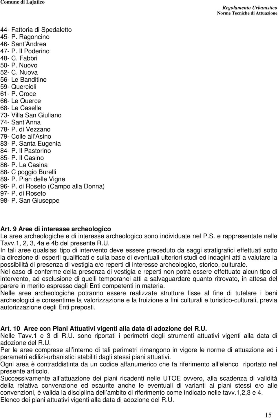 La Casina 88- C poggio Burelli 89- P. Pian delle Vigne 96- P. di Roseto (Campo alla Donna) 97- P. di Roseto 98- P. San Giuseppe Art.