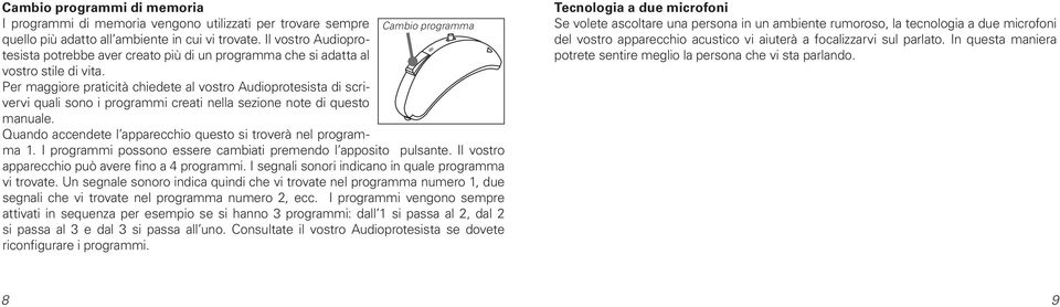 Per maggiore praticità chiedete al vostro Audioprotesista di scrivervi quali sono i programmi creati nella sezione note di questo manuale.