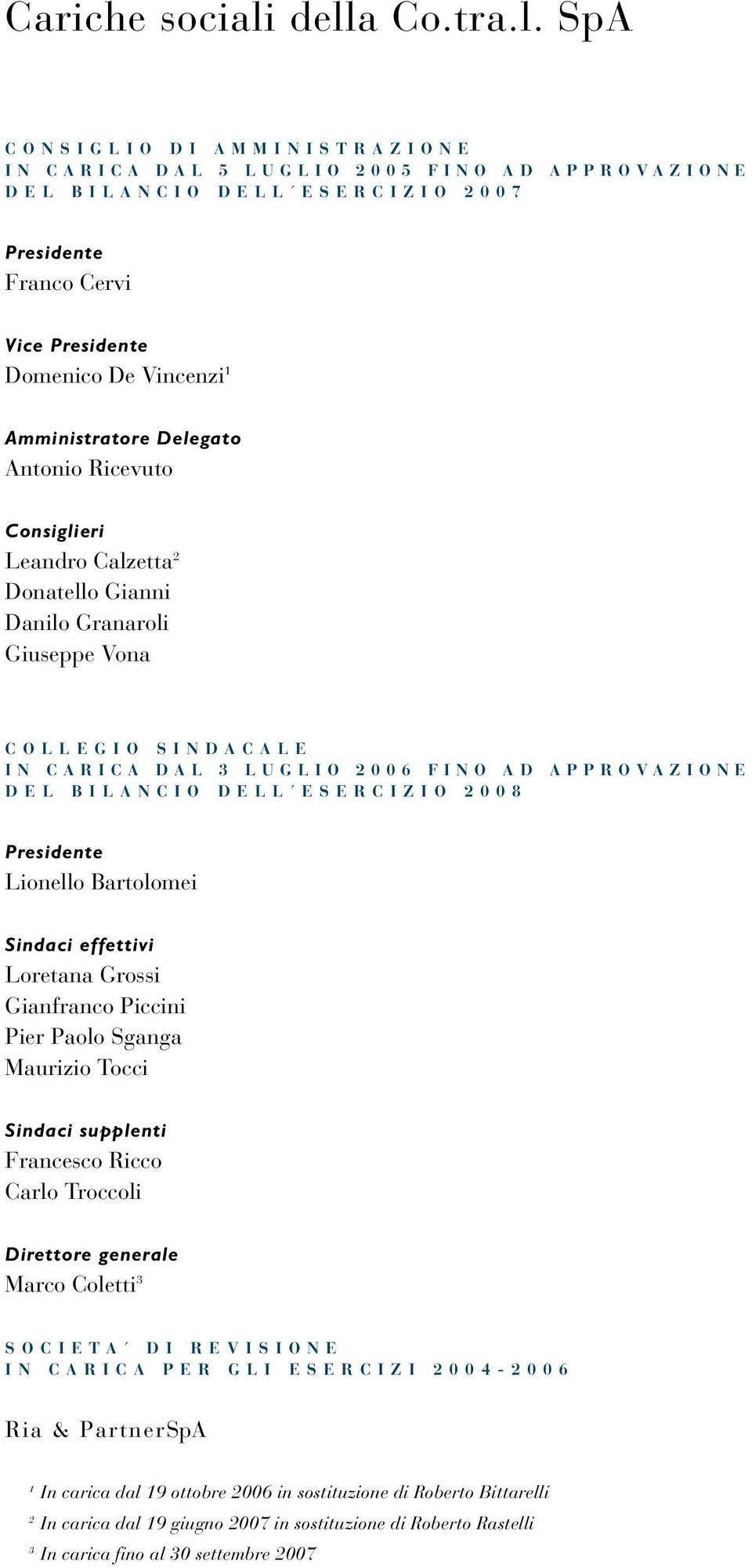 2 0 0 7 Presidente Franco Cervi Vice Presidente Domenico De Vincenzi 1 Amministratore Delegato Antonio Ricevuto Consiglieri Leandro Calzetta 2 Donatello Gianni Danilo Granaroli Giuseppe Vona C O L L