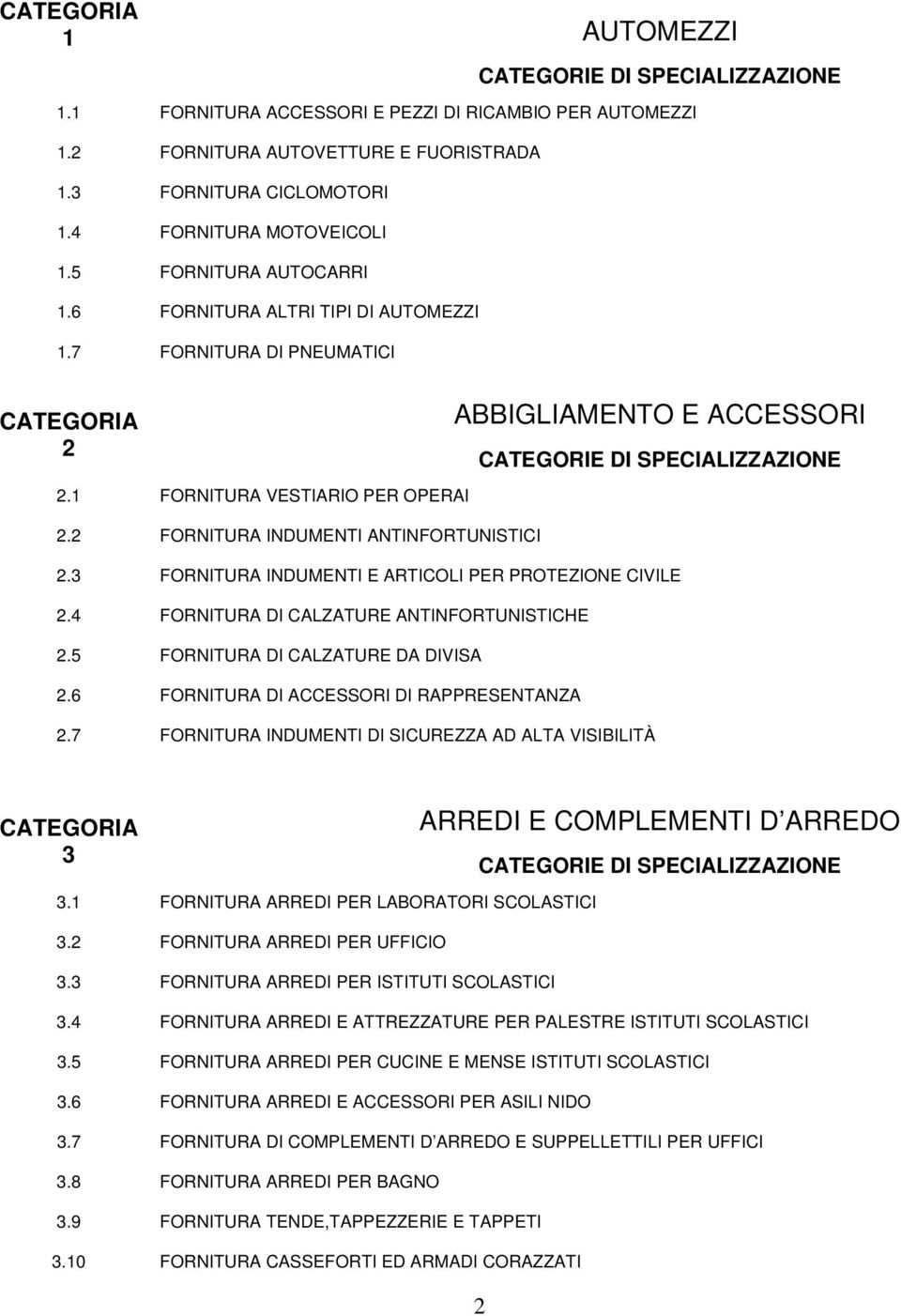 3 FORNITURA INDUMENTI E ARTICOLI PER PROTEZIONE CIVILE 2.4 FORNITURA DI CALZATURE ANTINFORTUNISTICHE 2.5 FORNITURA DI CALZATURE DA DIVISA 2.6 FORNITURA DI ACCESSORI DI RAPPRESENTANZA 2.