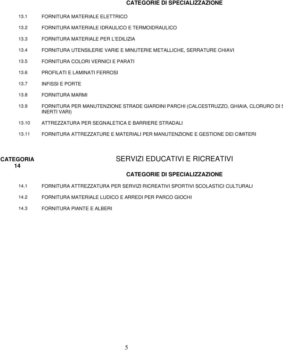 9 FORNITURA PER MANUTENZIONE STRADE GIARDINI PARCHI (CALCESTRUZZO, GHIAIA, CLORURO DI S INERTI VARI) 13.10 ATTREZZATURA PER SEGNALETICA E BARRIERE STRADALI 13.