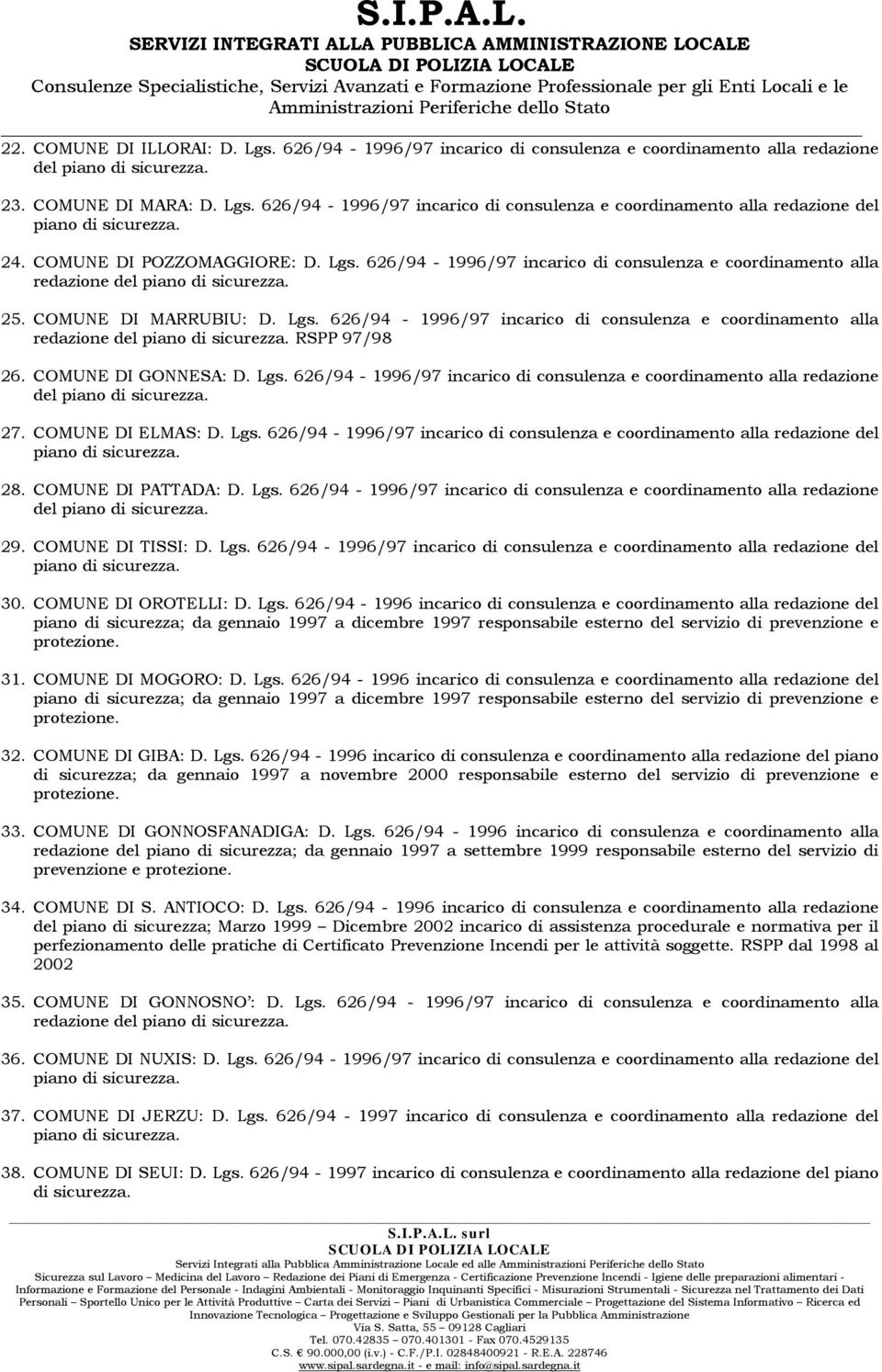 COMUNE DI GONNESA: D. Lgs. 626/94-1996/97 incarico di consulenza e coordinamento alla redazione del piano di sicurezza. 27. COMUNE DI ELMAS: D. Lgs. 626/94-1996/97 incarico di consulenza e coordinamento alla redazione del piano di sicurezza. 28.