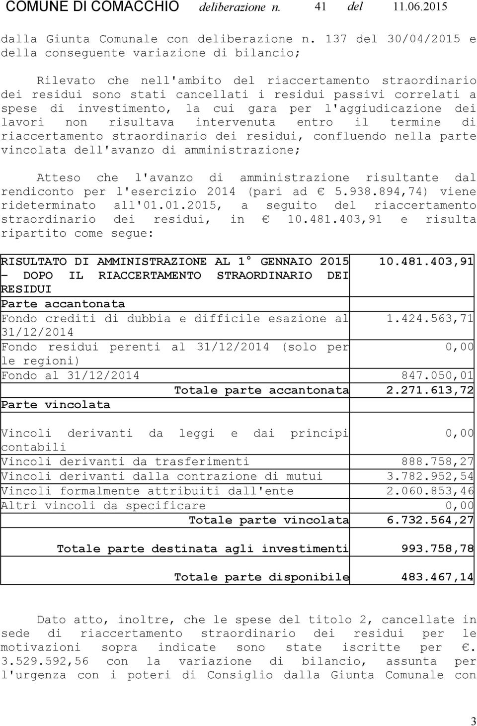 investimento, la cui gara per l'aggiudicazione dei lavori non risultava intervenuta entro il termine di riaccertamento straordinario dei residui, confluendo nella parte vincolata dell'avanzo di