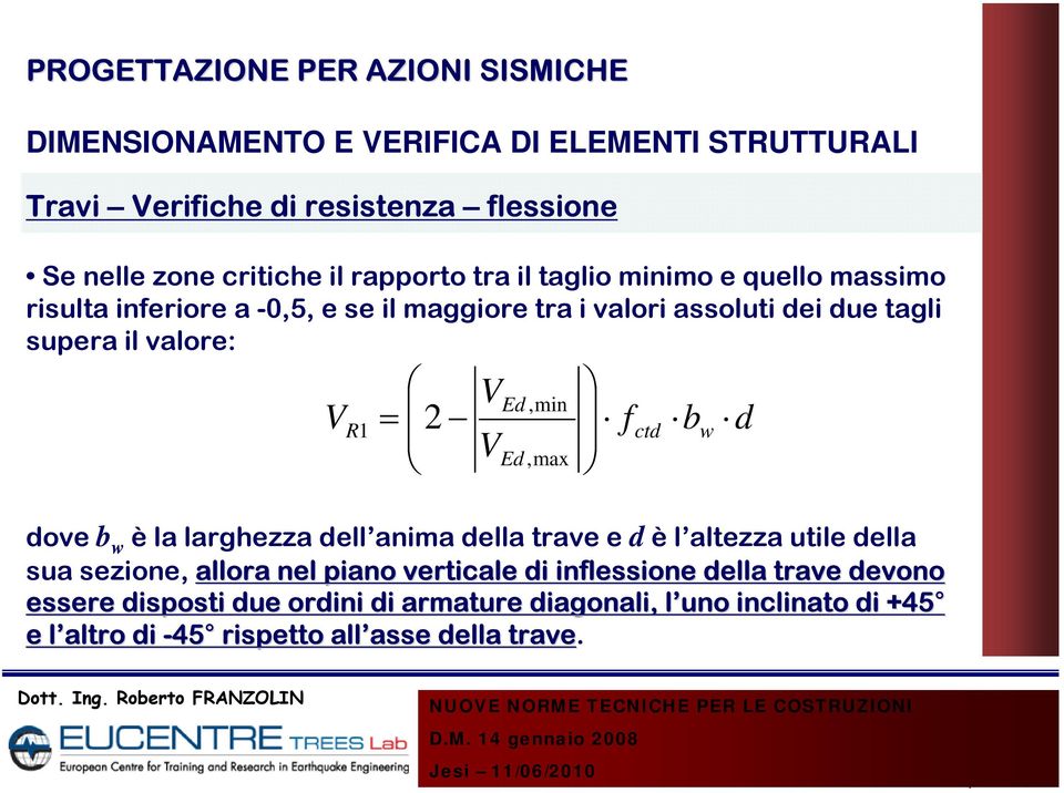 Ed,max dove b w è la larghezza dell anima della trave e d è l altezza utile della sua sezione, allora nel piano verticale di inflessione della