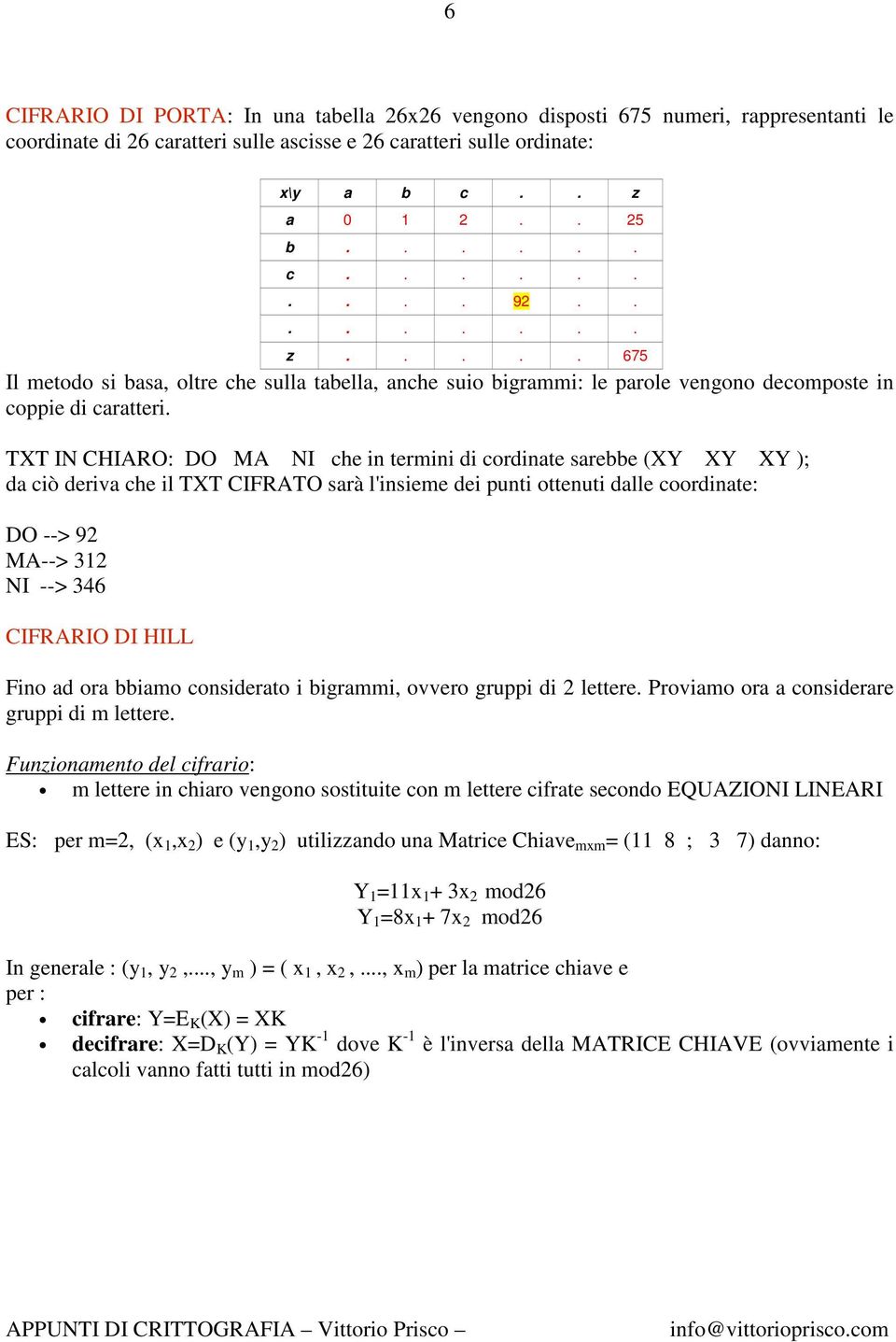 TXT IN CHIARO: DO MA NI che in termini di cordinate sarebbe (XY XY XY ); da ciò deriva che il TXT CIFRATO sarà l'insieme dei punti ottenuti dalle coordinate: DO --> 92 MA--> 312 NI --> 346 CIFRARIO