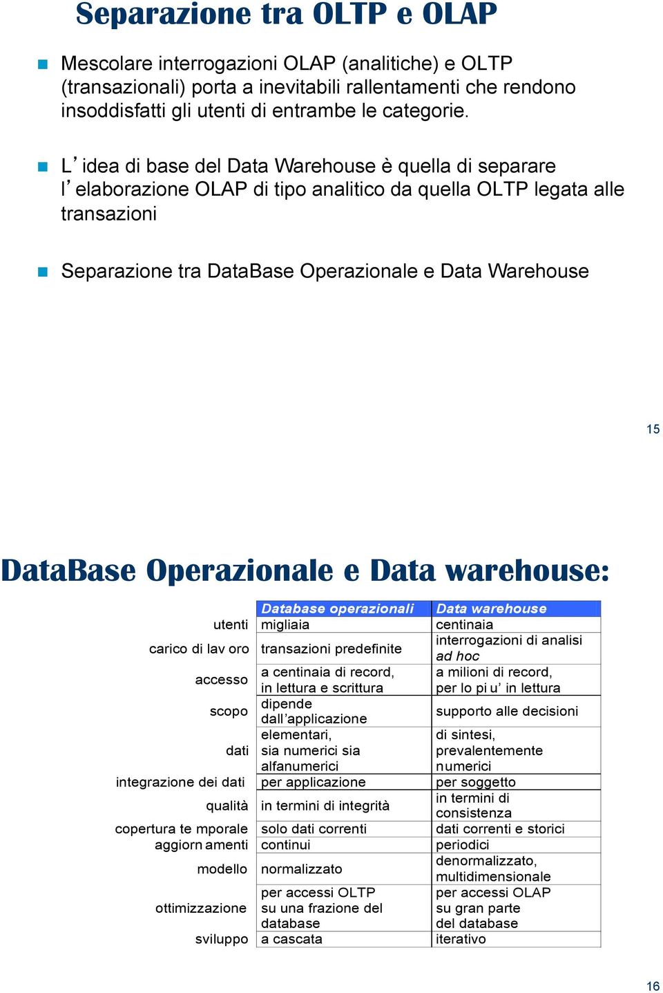 Separazione tra DataBase Operazionale e Data Warehouse 15 DataBase Operazionale e Data warehouse: Database operazionali utenti migliaia carico di lav oro transazioni predefinite a centinaia di