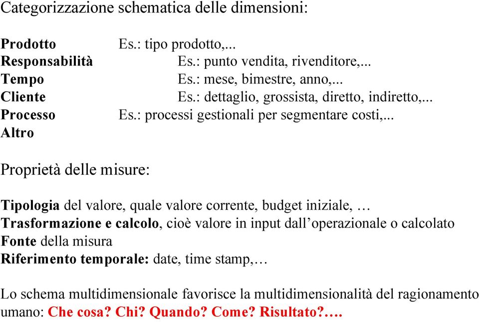 .. Proprietà delle misure: Tipologia del valore, quale valore corrente, budget iniziale, Trasformazione e calcolo, cioè valore in input dall operazionale o