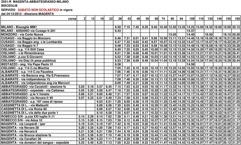 30 CUSAGO - via Baggio bv.monzoro 6.46 7.31 8.01 8.41 9.56 10.56 13.11 13.51 14.46 15.16 16.56 18.16 19.21 20.36 CUSAGO - via Baggio ang. v.le Lombardia 6.47 7.32 8.02 8.42 9.57 10.57 13.12 13.52 14.