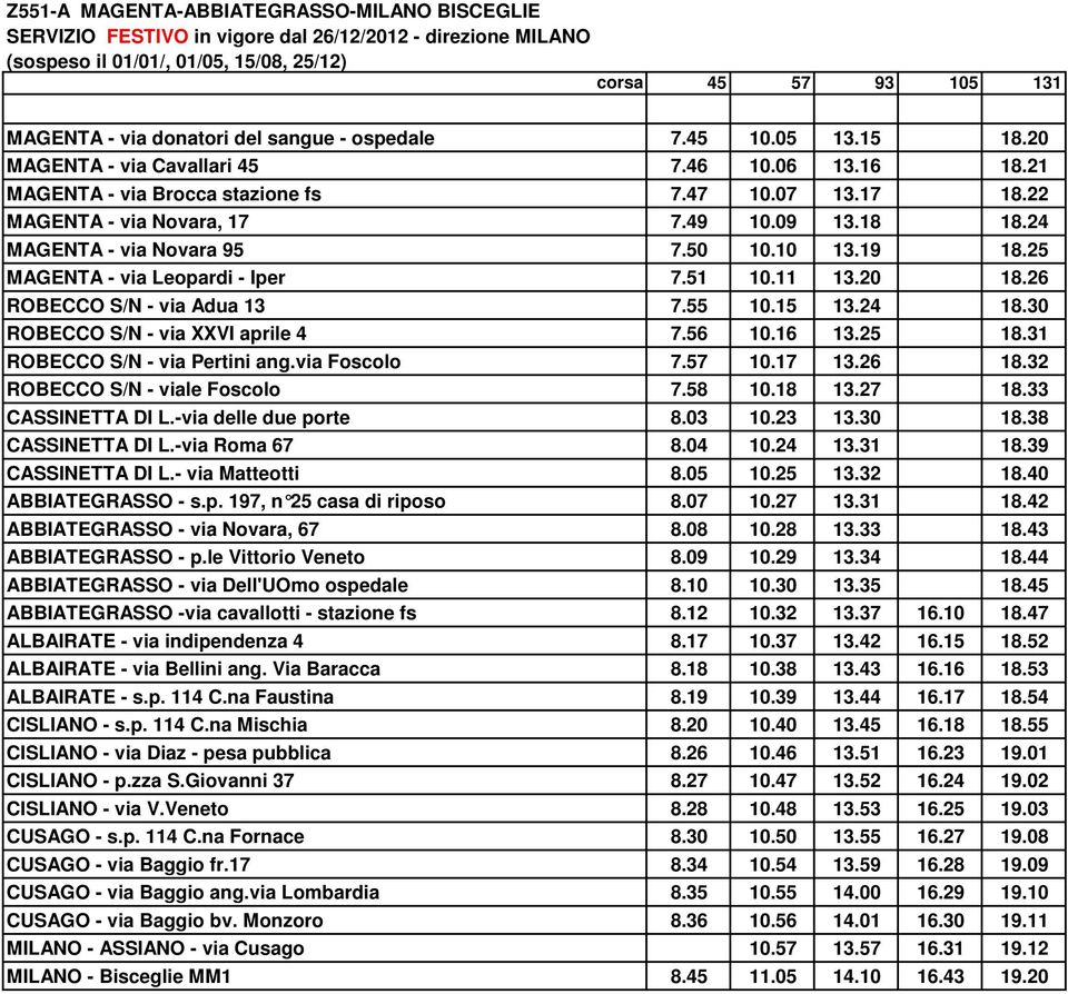 24 MAGENTA - via Novara 95 7.50 10.10 13.19 18.25 MAGENTA - via Leopardi - Iper 7.51 10.11 13.20 18.26 ROBECCO S/N - via Adua 13 7.55 10.15 13.24 18.30 ROBECCO S/N - via XXVI aprile 4 7.56 10.16 13.