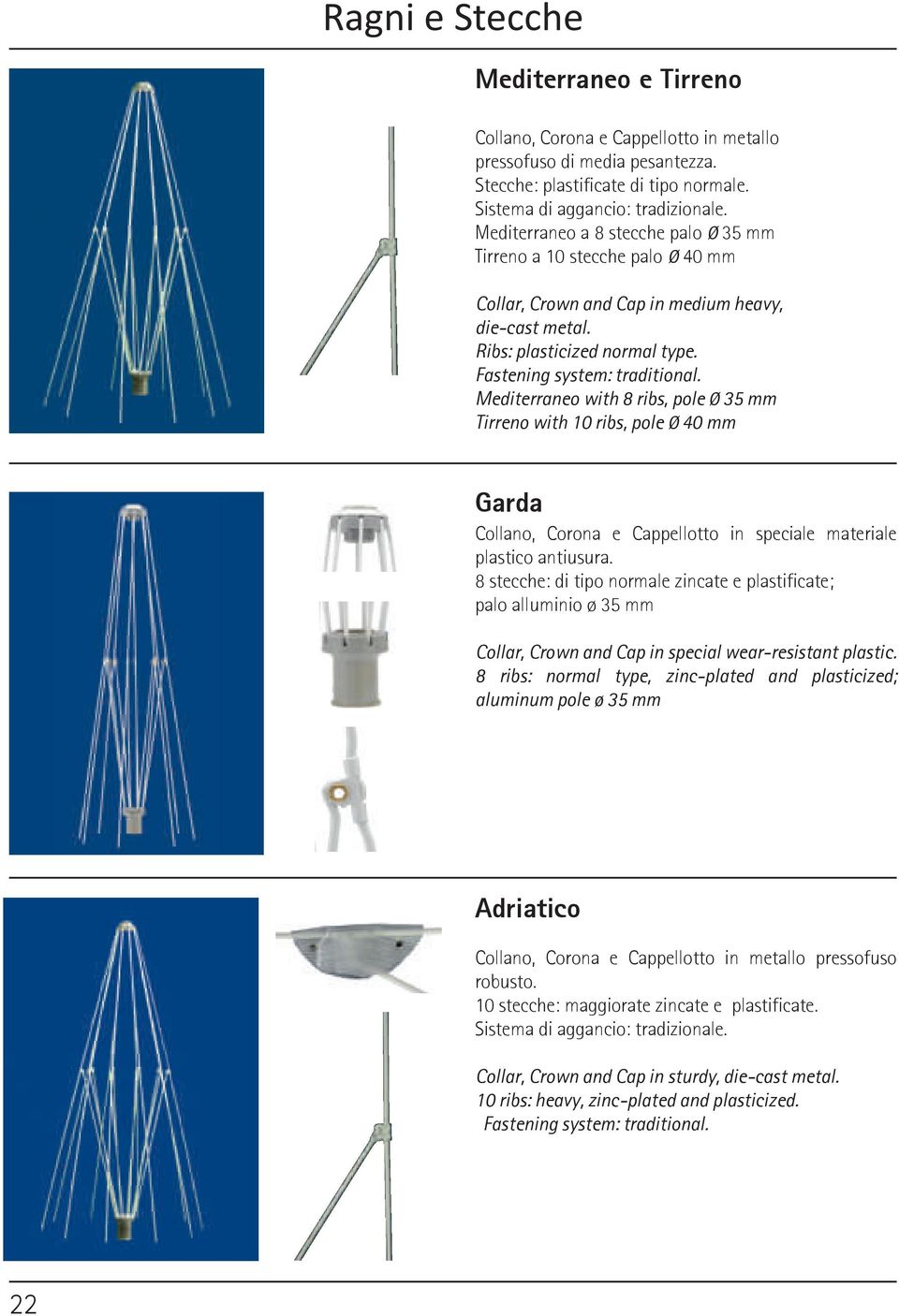 Mediterraneo with 8 ribs, pole Ø 35 mm Tirreno with 10 ribs, pole Ø 40 mm Garda plastico antiusura.