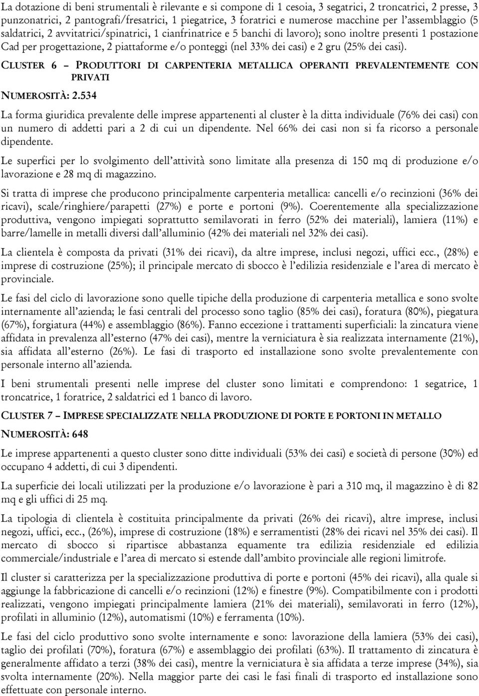 e 2 gru (25% dei casi). CLUSTER 6 PRODUTTORI DI CARPENTERIA METALLICA OPERANTI PREVALENTEMENTE CON PRIVATI NUMEROSITÀ: 2.