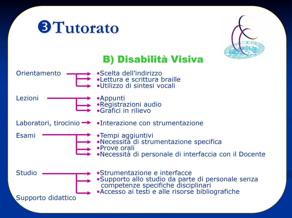 strumentazione specifica Prove orali Necessità di personale di interfaccia con il Docente Studio Supporto didattico Strumentazione e