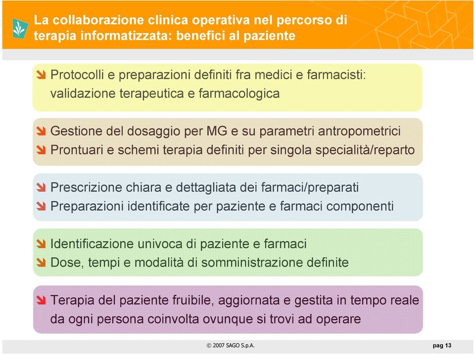 chiara e dettagliata dei farmaci/preparati Preparazioni identificate per paziente e farmaci componenti Identificazione univoca di paziente e farmaci Dose, tempi e