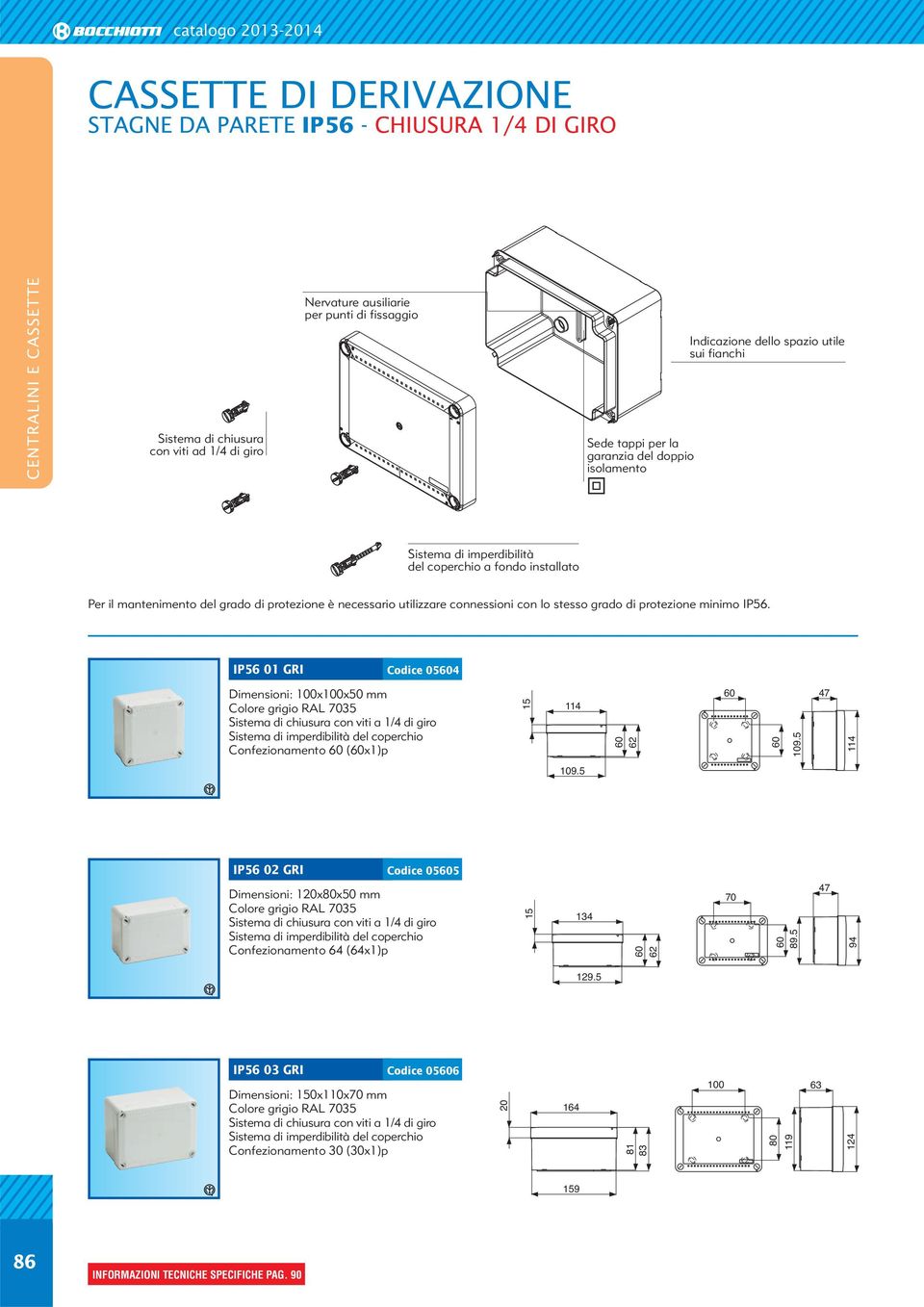 stesso grado di protezione minimo IP56. IP56 01 GRI Codice 054 Dimensioni: 100x100x50 mm Confezionamento (x1)p 15 114 62 109.5 47 114 109.