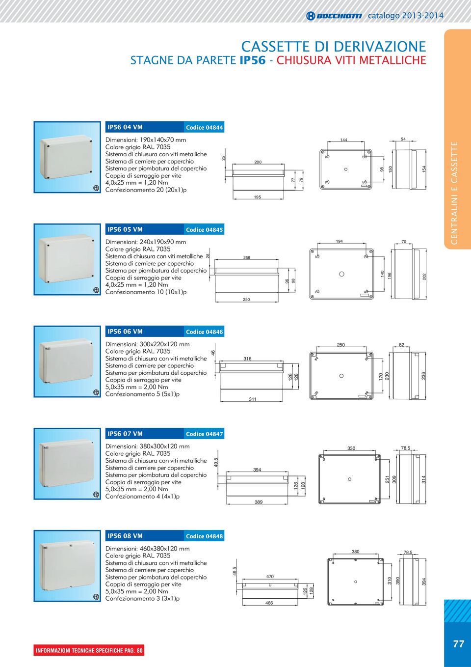 300x220x120 mm Confezionamento 5 (5x1)p 46 316 311 126 250 1 230 82 236 IP56 07 VM Codice 04847 Dimensioni: 380x300x120 mm Confezionamento 4 (4x1)p 49.