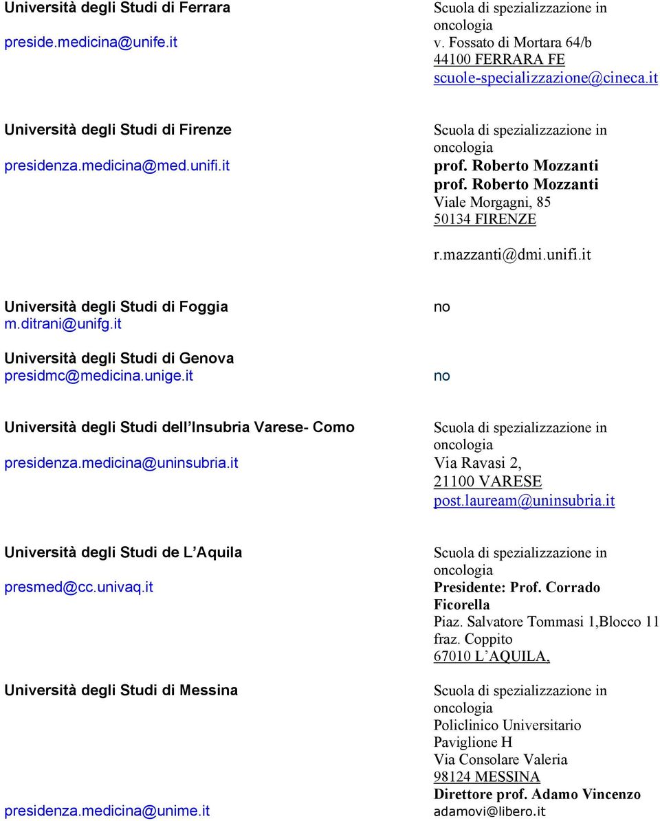 it Università degli Studi di Genova presidmc@medicina.unige.it no no Università degli Studi dell Insubria Varese- Como presidenza.medicina@uninsubria.it Via Ravasi 2, 21100 VARESE post.