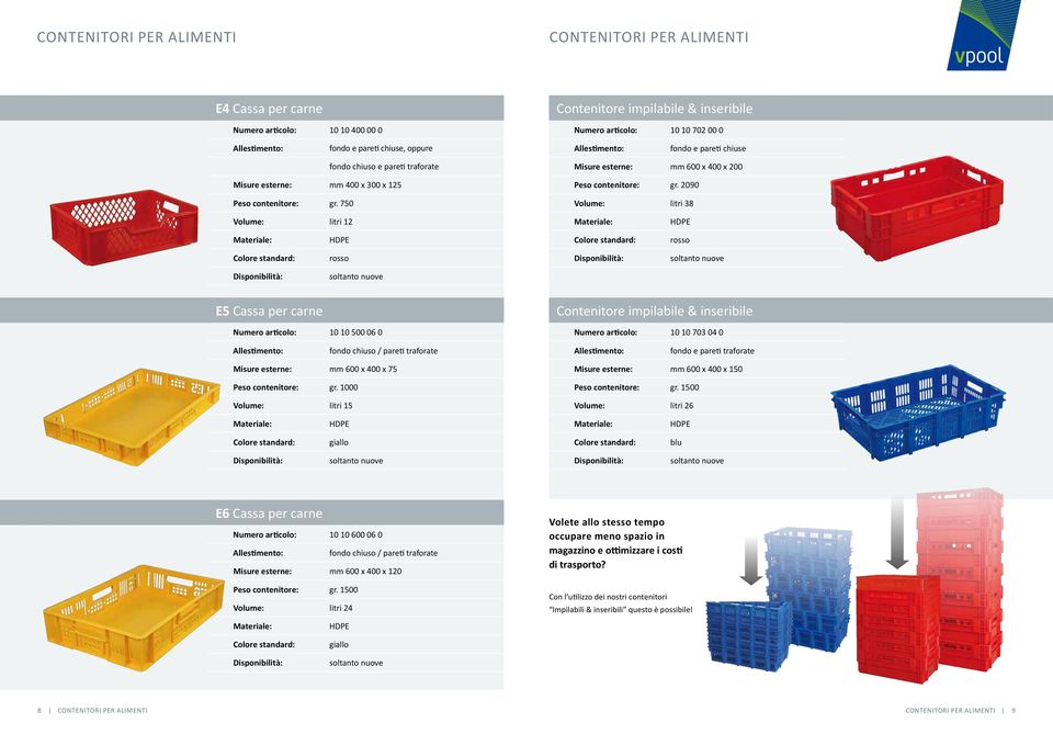 2090 Volume: litri 38 Volume: litri 12 rosso rosso E5 Cassa per carne Numero articolo: 10 10 500 06 0 Contenitore impilabile & inseribile Numero articolo: 10 10 703 04 0 fondo chiuso / pareti