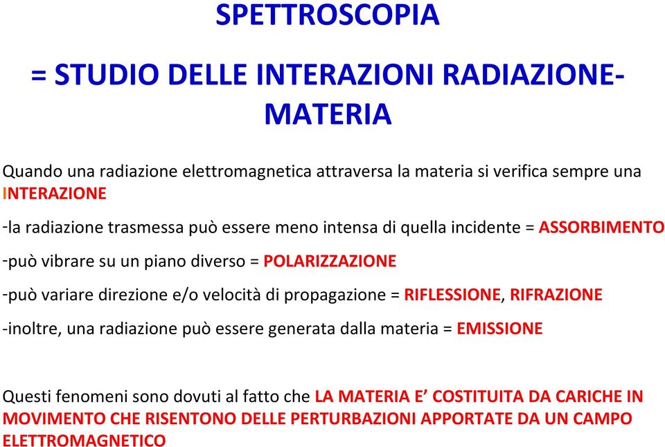 variare direzione e/o velocità di propagazione = RIFLESSIONE, RIFRAZIONE -inoltre, una radiazione può essere generata dalla materia = EMISSIONE Questi