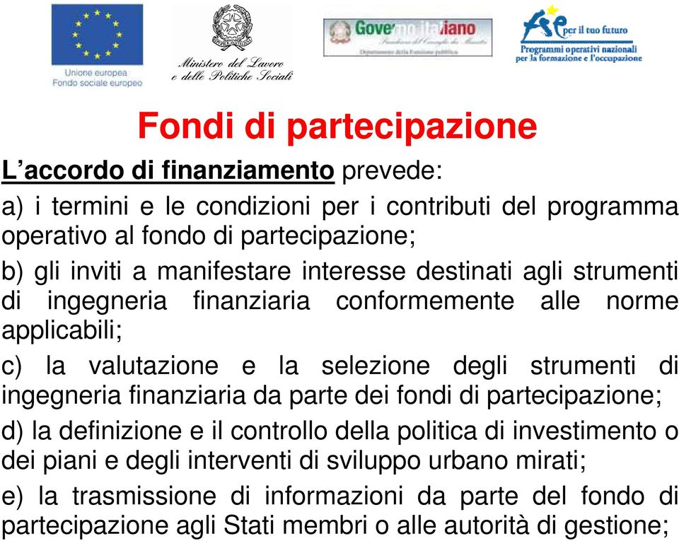 degli strumenti di ingegneria finanziaria da parte dei fondi di partecipazione; d) la definizione e il controllo della politica di investimento o dei piani e