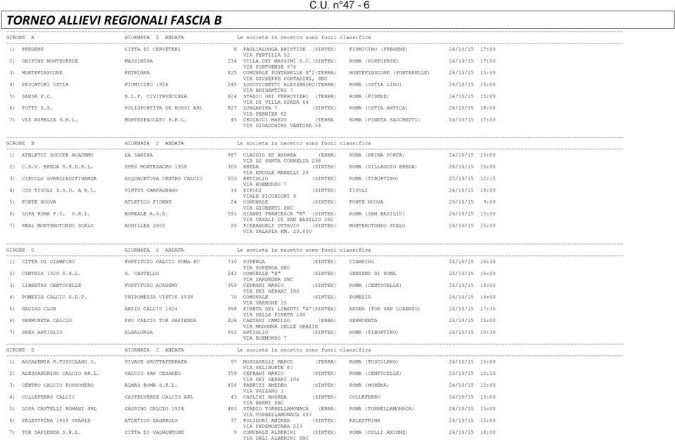 PORTUENSE 974 3) MONTEFIASCONE PETRIANA 825 COMUNALE FONTANELLE N 2(TERRA) MONTEFIASCONE (FONTANELLE) 24/10/15 15:00 VIA GIUSEPPE CONTADINI, SNC 4) PESCATORI OSTIA FIUMICINO 1926 245 LODOVICHETTI