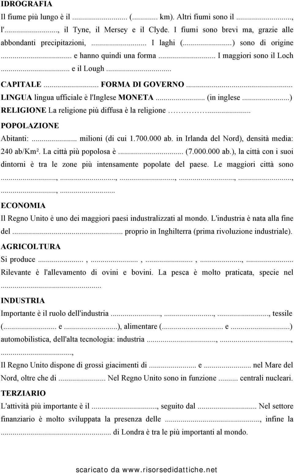 ..) RELIGIONE La religione più diffusa è la religione... POPOLAZIONE Abitanti:... milioni (di cui 1.700.000 ab. in Irlanda del Nord), densità media: 240 ab/km². La città più popolosa è... (7.000.000 ab.), la città con i suoi dintorni è tra le zone più intensamente popolate del paese.