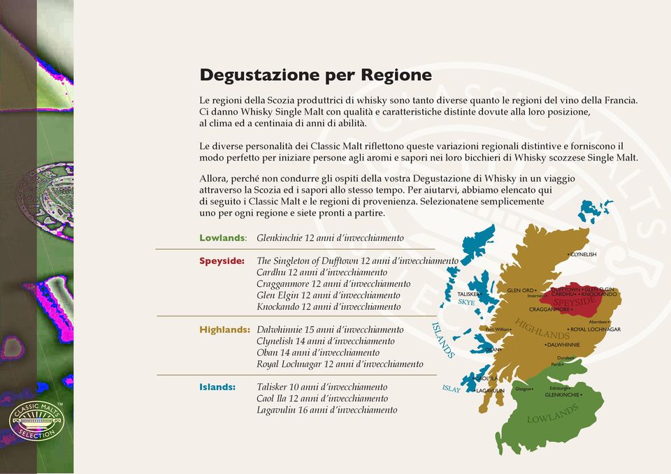 Le diverse personalità dei Classic Malt riflettono queste variazioni regionali distintive e forniscono il modo perfetto per iniziare persone agli aromi e sapori nei loro bicchieri di Whisky scozzese