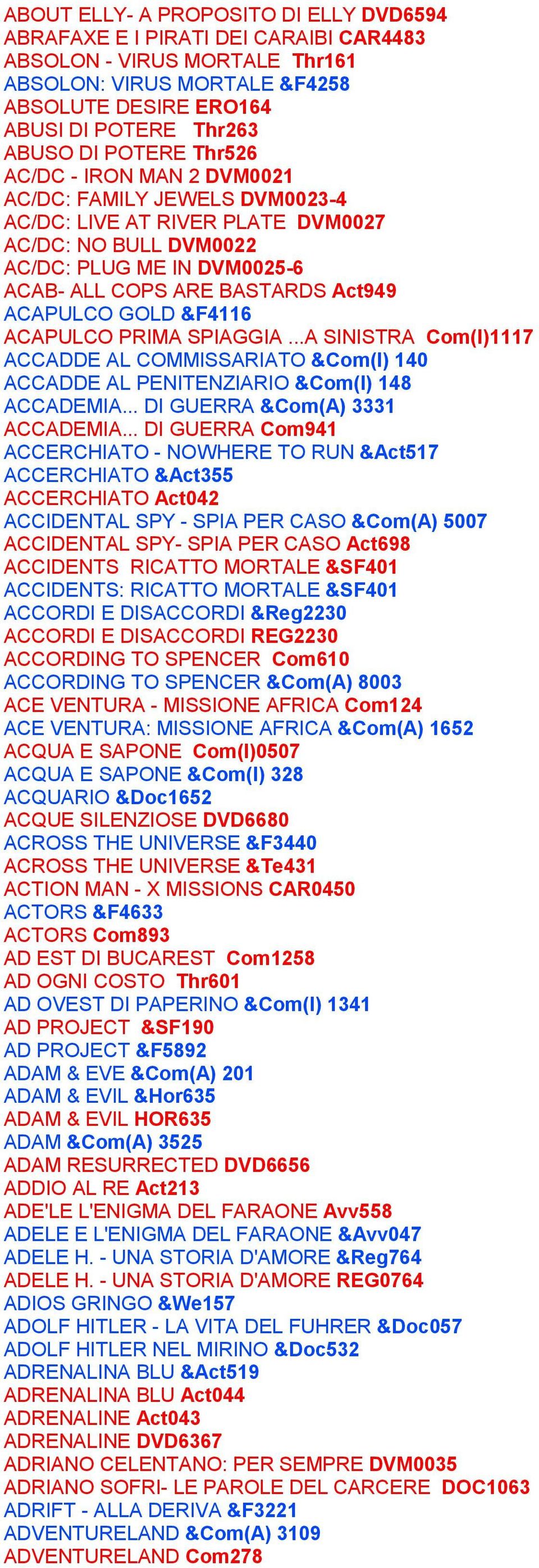 ACAPULCO GOLD &F4116 ACAPULCO PRIMA SPIAGGIA...A SINISTRA Com(I)1117 ACCADDE AL COMMISSARIATO &Com(I) 140 ACCADDE AL PENITENZIARIO &Com(I) 148 ACCADEMIA... DI GUERRA &Com(A) 3331 ACCADEMIA.