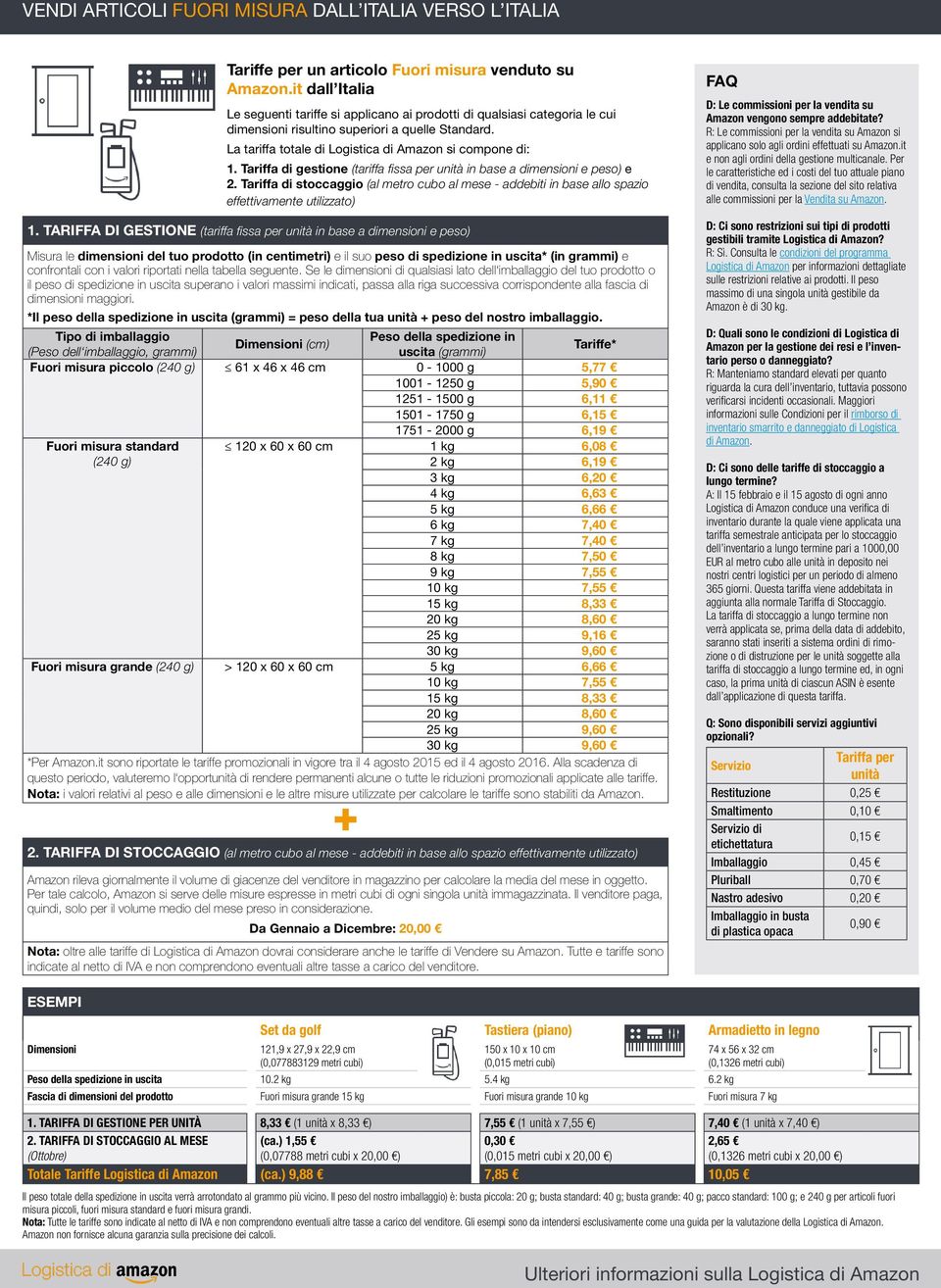 TARIFFA DI GESTIONE (tariffa fissa per in base a dimensioni e peso) Misura le dimensioni del tuo prodotto (in centimetri) e il suo peso di spedizione in uscita* (in grammi) e confrontali con i valori