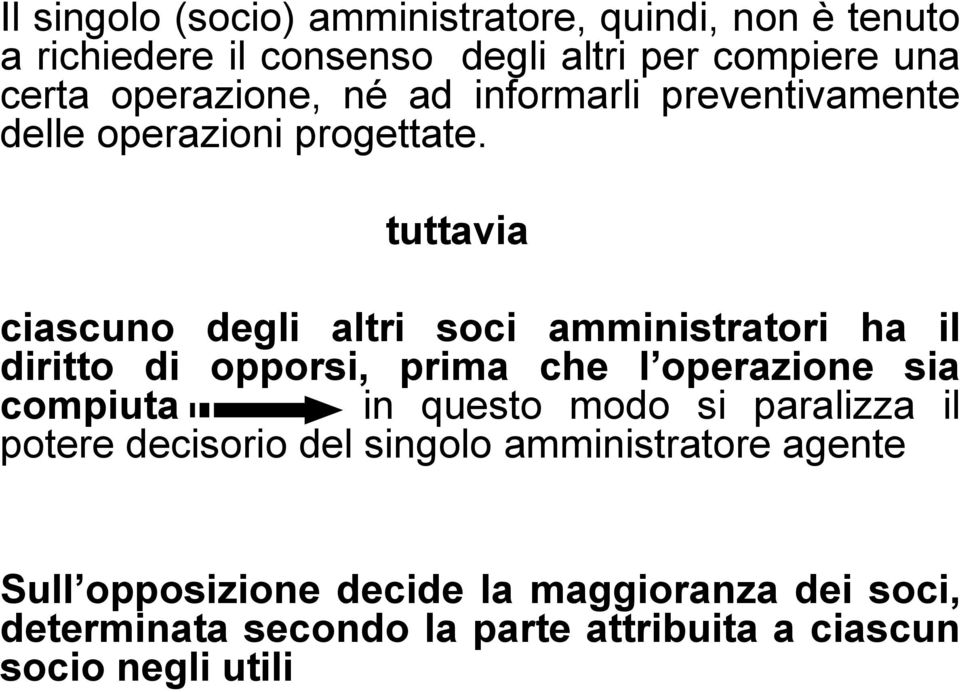 tuttavia ciascuno degli altri soci amministratori ha il diritto di opporsi, prima che l operazione sia compiuta in questo