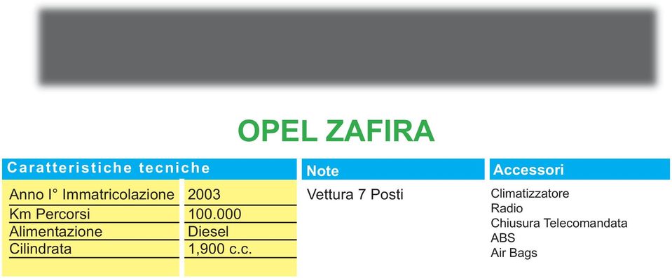 c.c. OPEL ZAFIRA Vettura 7 Posti