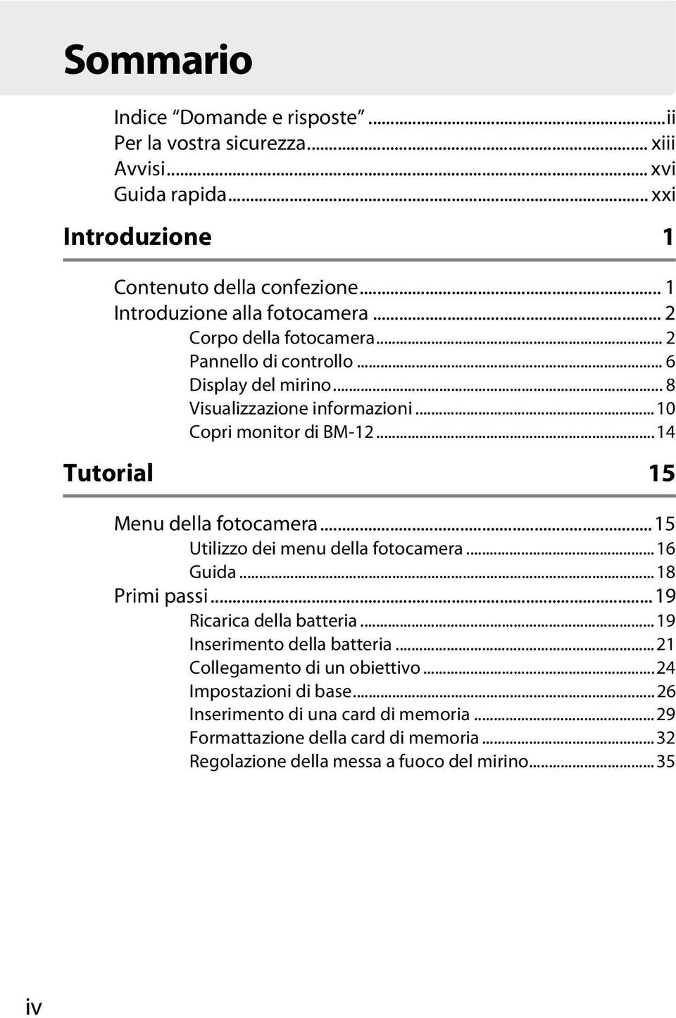 ..10 Copri monitor di BM-12...14 Tutorial 15 Menu della fotocamera...15 Utilizzo dei menu della fotocamera...16 Guida...18 Primi passi...19 Ricarica della batteria.