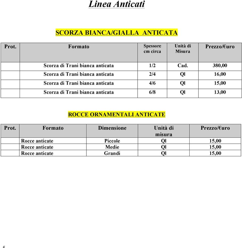 380,00 Scorza di Trani bianca anticata 2/4 Ql 16,00 Scorza di Trani bianca anticata 4/6 Ql 15,00