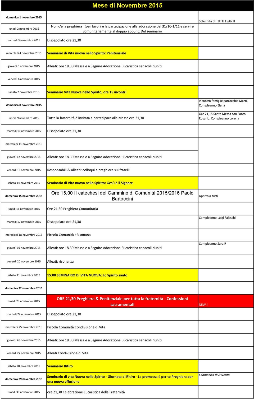novembre 2015 sabato 7 novembre 2015 Seminario Vita Nuova nello Spirito, ore 15 incontri domenica 8 novembre 2015 lunedì 9 novembre 2015 Tutta la fraternità è invitata a partecipare alla Messa ore