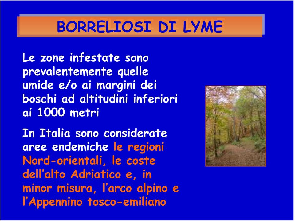 In Italia sono considerate aree endemiche le regioni Nord-orientali, le coste