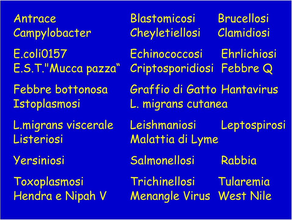 "Mucca pazza Criptosporidiosi Febbre Q Febbre bottonosa Istoplasmosi Graffio di Gatto Hantavirus L.