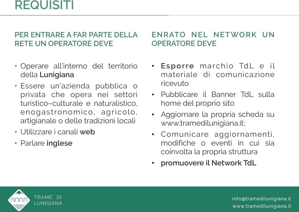 Utilizzare i canali web Parlare inglese Esporre marchio TdL e il materiale di comunicazione ricevuto Pubblicare il Banner TdL sulla home del proprio sito