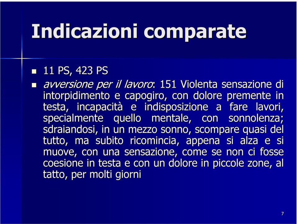 sonnolenza; sdraiandosi, in un mezzo sonno, scompare quasi del tutto, ma subito ricomincia, appena si alza e si