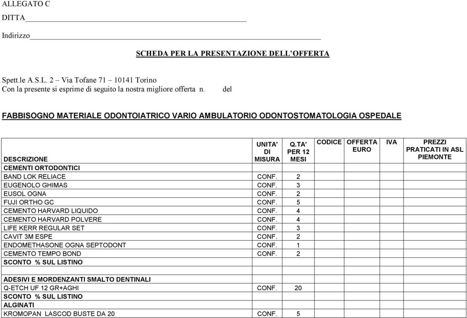 TA' PER 12 MESI CEMENTI ORTODONTICI BAND LOK RELIACE 2 EUGENOLO GHIMAS 3 EUSOL OGNA 2 FUJI ORTHO GC 5 CEMENTO HARVARD LIQUIDO 4 CEMENTO HARVARD POLVERE 4 LIFE KERR