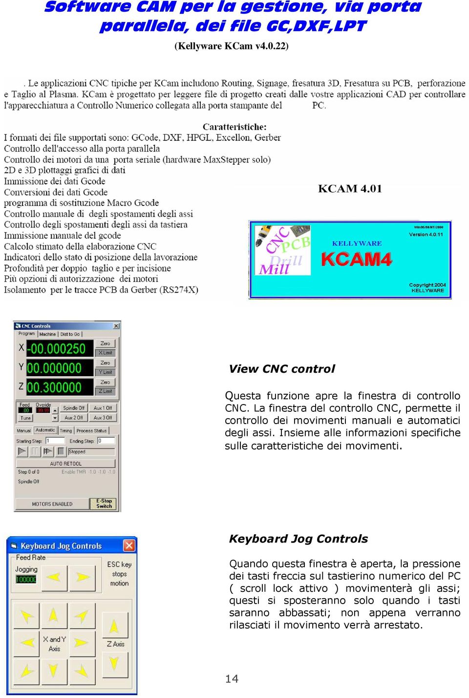 La finestra del controllo CNC, permette il controllo dei movimenti manuali e automatici degli assi.