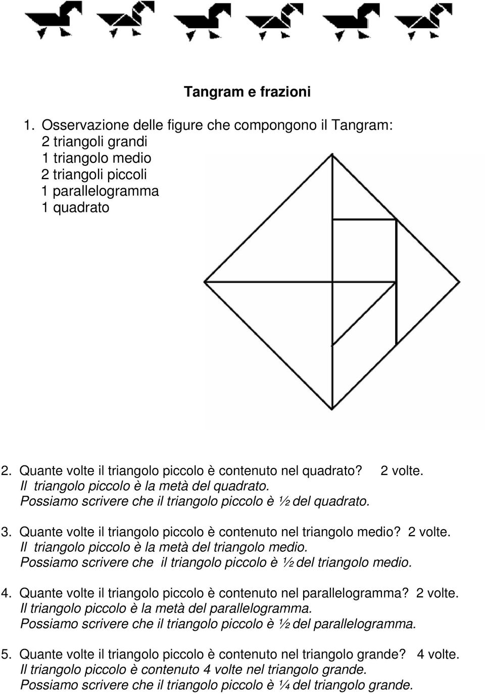 Quante volte il triangolo piccolo è contenuto nel triangolo medio? 2 volte. Il triangolo piccolo è la metà del triangolo medio. Possiamo scrivere che il triangolo piccolo è ½ del triangolo medio. 4.