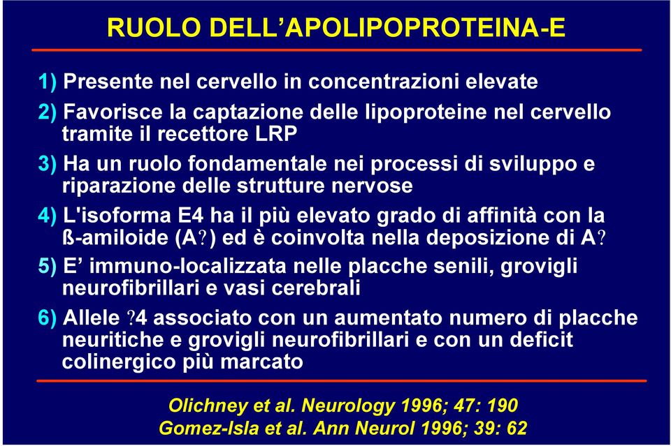 ) ed è coinvolta nella deposizione di A? 5) E immuno-localizzata nelle placche senili, grovigli neurofibrillari e vasi cerebrali 6) Allele?