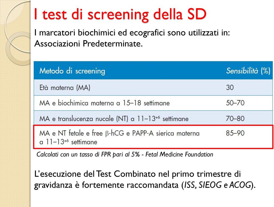 Calcolati con un tasso di FPR pari al 5% - Fetal Medicine Foundation L