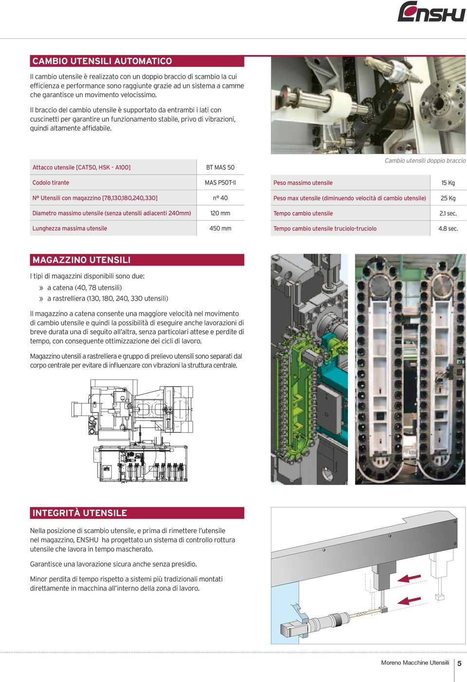 Attacco utensile [CAT50, HSK - A100] BT MAS 50 Cambio utensili doppio braccio Codolo tirante MAS P50T-II Peso massimo utensile 15 Kg N Utensili con magazzino [78,130,180,240,330] n 40 Peso max