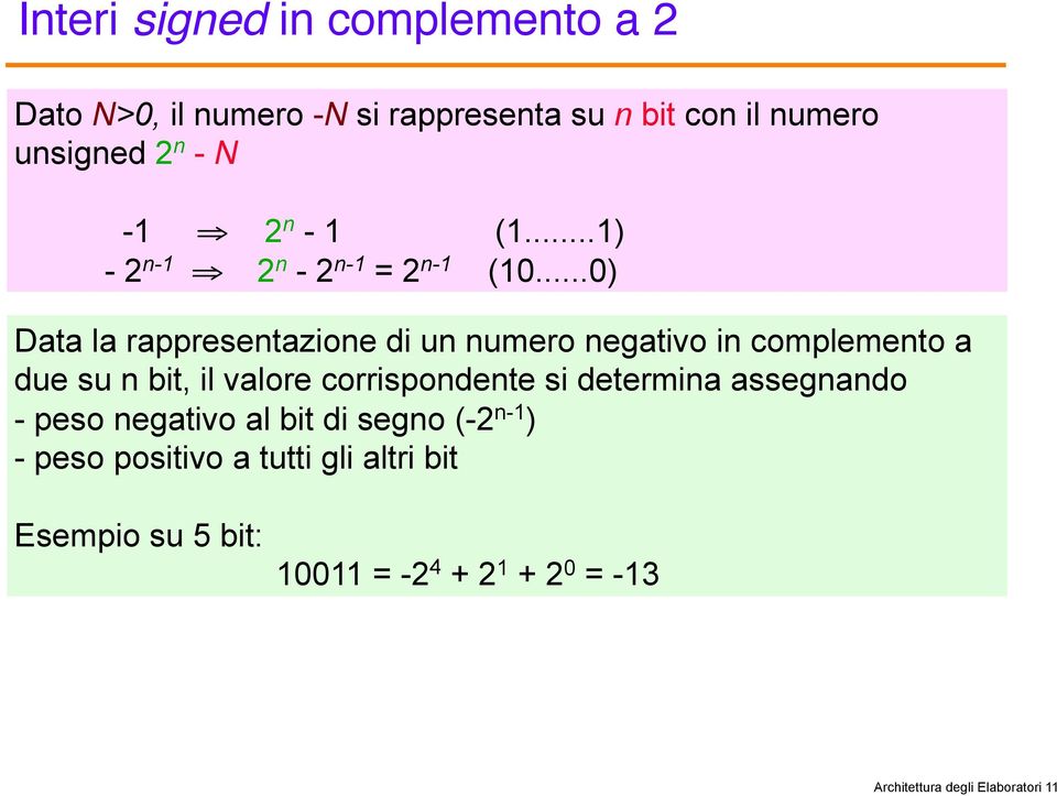 ..0) Data la rappresentazione di un numero negativo in complemento a due su n bit, il valore corrispondente si