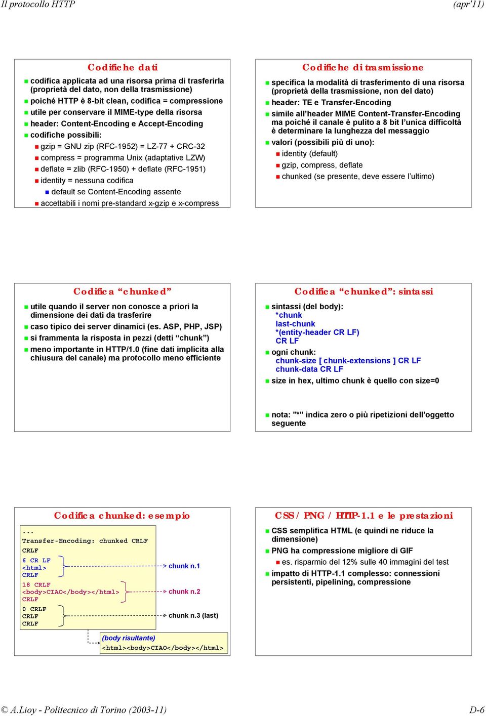 (RFC-1951) identity = nessuna codifica default se Content-Encoding assente accettabili i nomi pre-standard x-gzip e x-compress Codifiche di trasmissione specifica la modalità di trasferimento di una