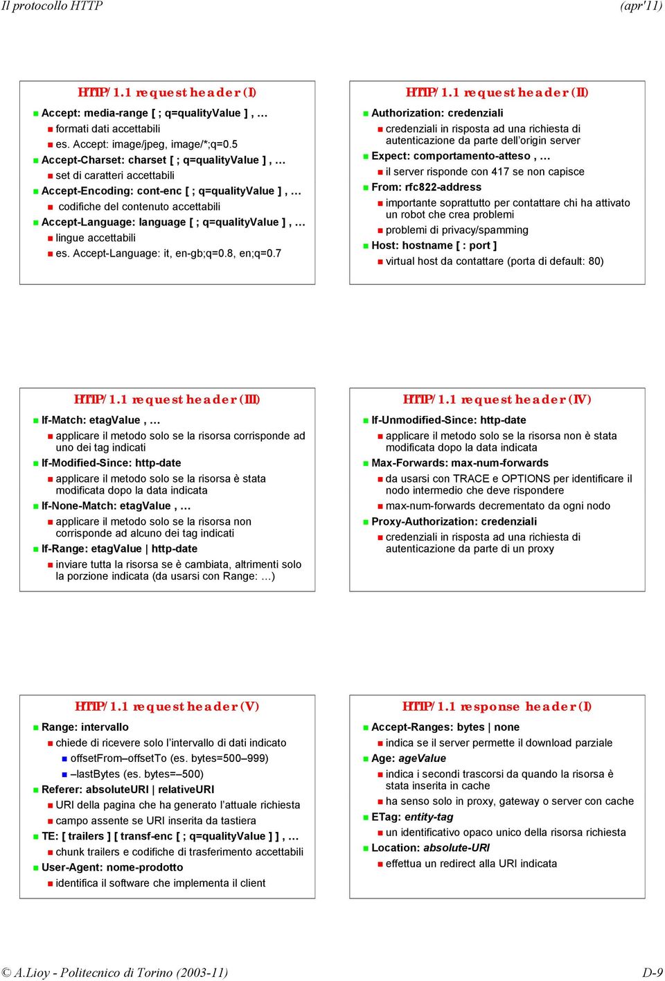 q=qualityvalue ], lingue accettabili es. Accept-Language: it, en-gb;q=0.8, en;q=0.7 HTTP/1.